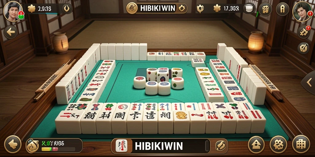 Tampilan menarik dari gameplay HIBIKIWIN dengan desain ubin klasik Mahjong.