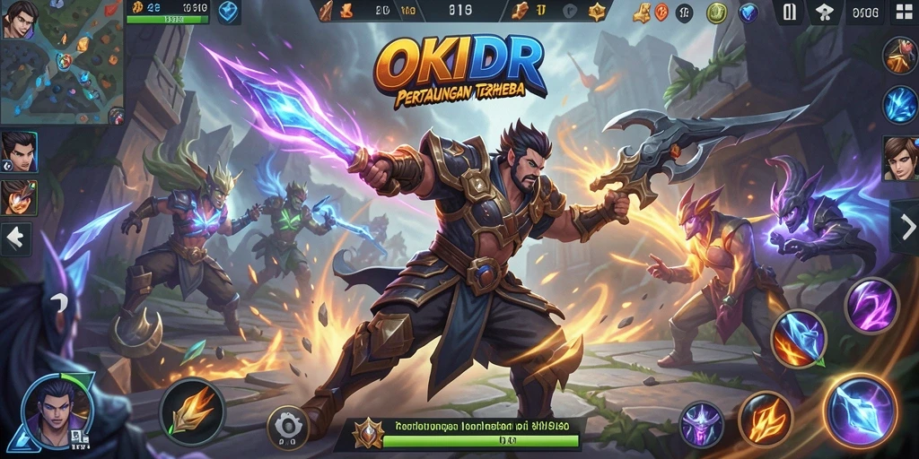 Screenshot utama <strong>OKIDR</strong> menampilkan aksi pertempuran karakter di arena MOBA.