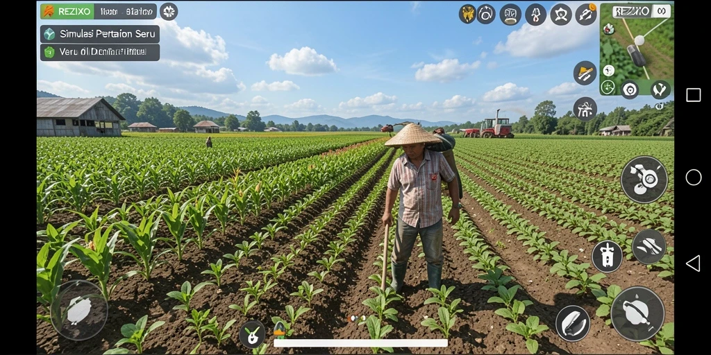 Tampilan gameplay REZIXO menampilkan suasana pertanian yang indah dan interaktif.