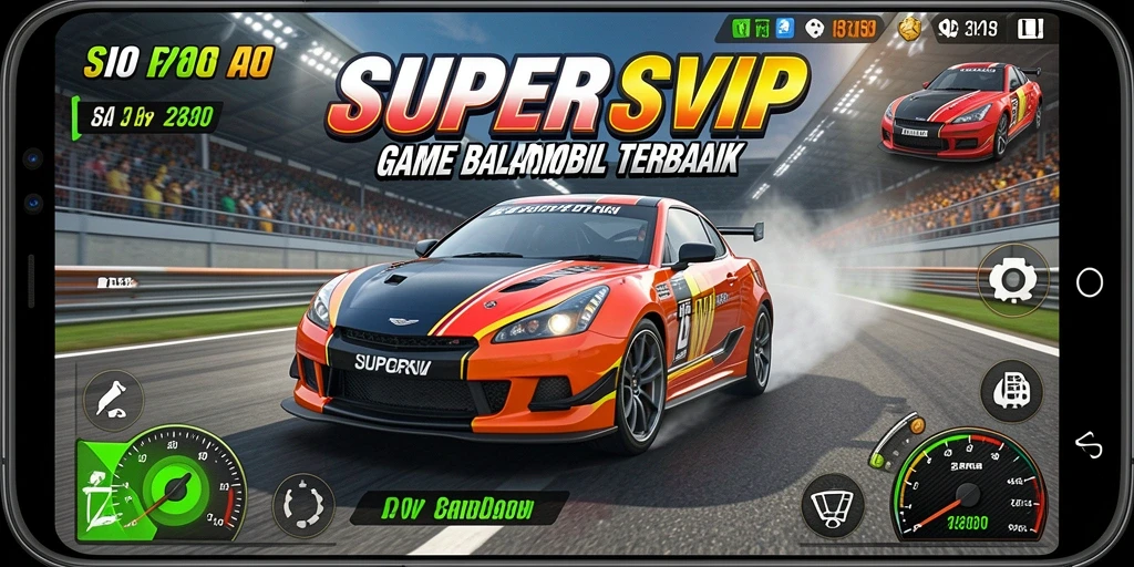 Tampilan gameplay balap mobil yang mendebarkan di SUPERSVIP.